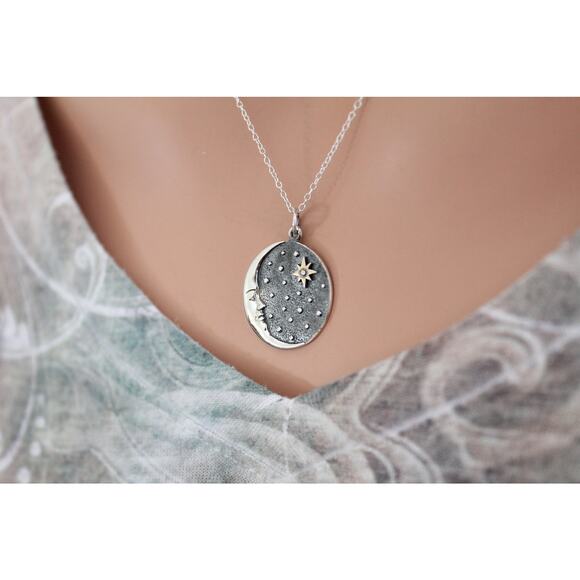 Sterling Silver Crescent Moon Face Pendant with Bronze Star Necklace - Picture 1 of 5